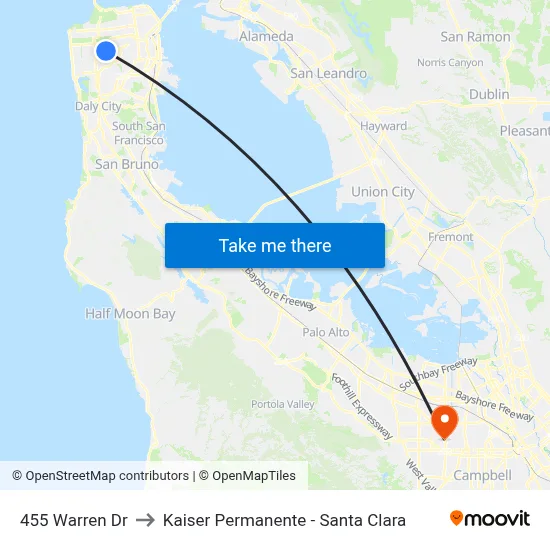 455 Warren Dr to Kaiser Permanente - Santa Clara map