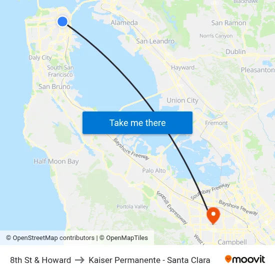 8th St & Howard to Kaiser Permanente - Santa Clara map