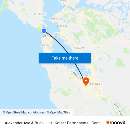 Alexander Ave & Bunker Rd to Kaiser Permanente - Santa Clara map