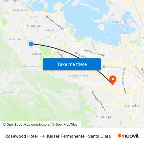 Rosewood Hotel to Kaiser Permanente - Santa Clara map