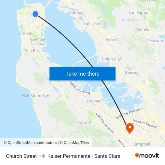 Church Street to Kaiser Permanente - Santa Clara map
