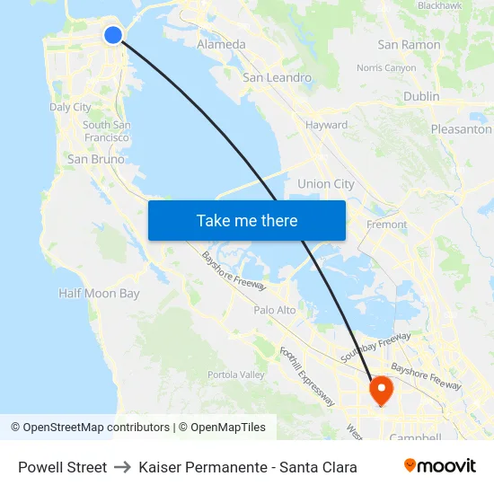 Powell Street to Kaiser Permanente - Santa Clara map