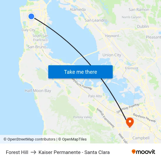 Forest Hill to Kaiser Permanente - Santa Clara map
