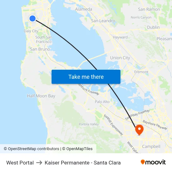 West Portal to Kaiser Permanente - Santa Clara map