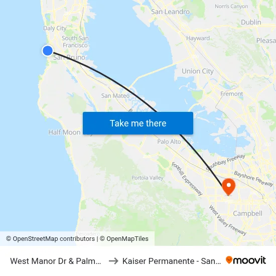 West Manor Dr & Palmetto Ave to Kaiser Permanente - Santa Clara map