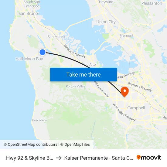 Hwy 92  & Skyline Blvd to Kaiser Permanente - Santa Clara map
