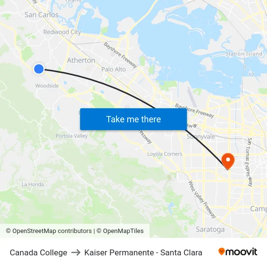 Canada College to Kaiser Permanente - Santa Clara map