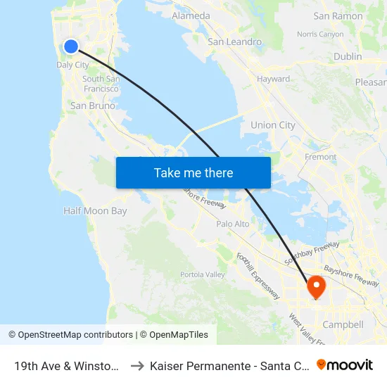 19th Ave & Winston Dr to Kaiser Permanente - Santa Clara map