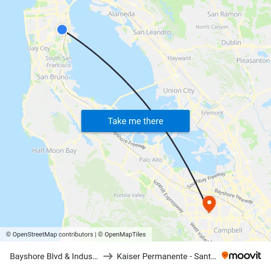 Bayshore Blvd & Industrial St to Kaiser Permanente - Santa Clara map