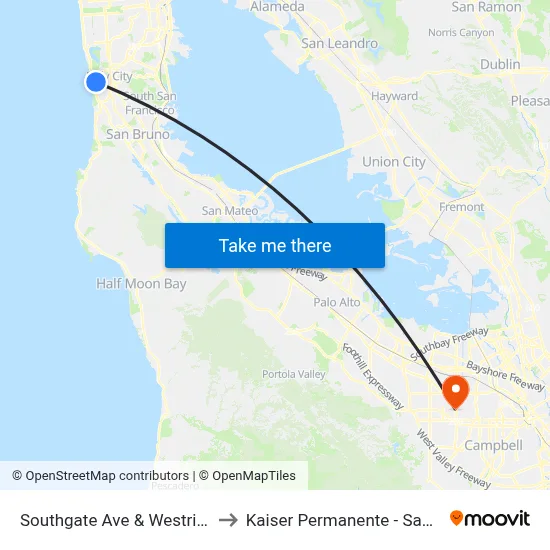 Southgate Ave & Westridge Ave to Kaiser Permanente - Santa Clara map
