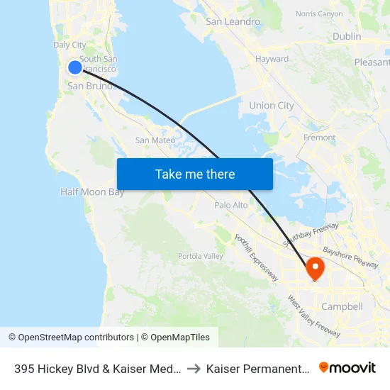 395 Hickey Blvd & Kaiser Medical Offices Driveway to Kaiser Permanente - Santa Clara map