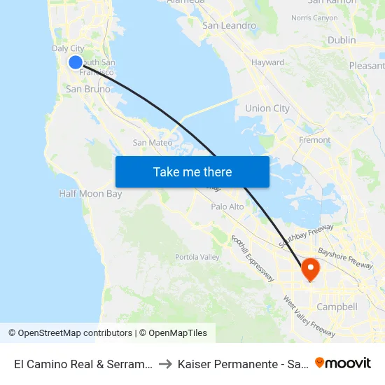 El Camino Real & Serramonte Blvd to Kaiser Permanente - Santa Clara map
