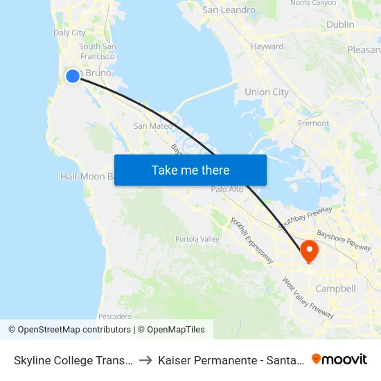 Skyline College Transit Ctr to Kaiser Permanente - Santa Clara map
