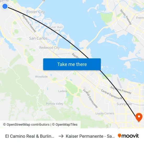 El Camino Real & Burlingame Ave to Kaiser Permanente - Santa Clara map
