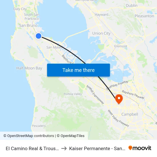 El Camino Real & Trousdale Dr to Kaiser Permanente - Santa Clara map