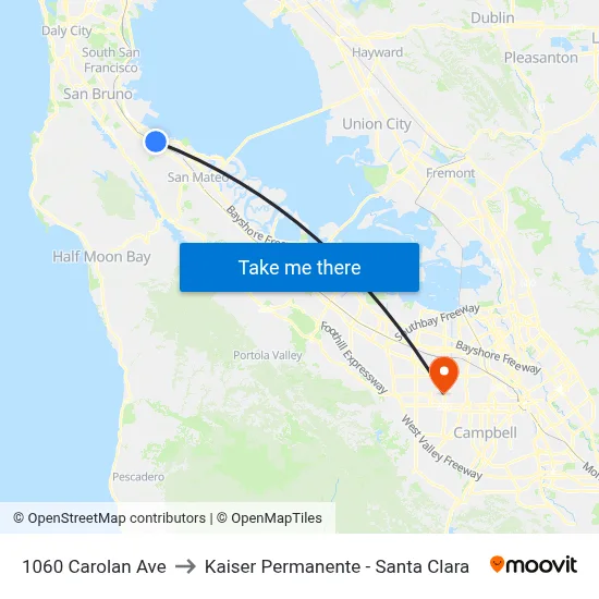 1060 Carolan Ave to Kaiser Permanente - Santa Clara map