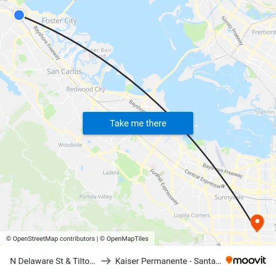 N Delaware St & Tilton Ave to Kaiser Permanente - Santa Clara map