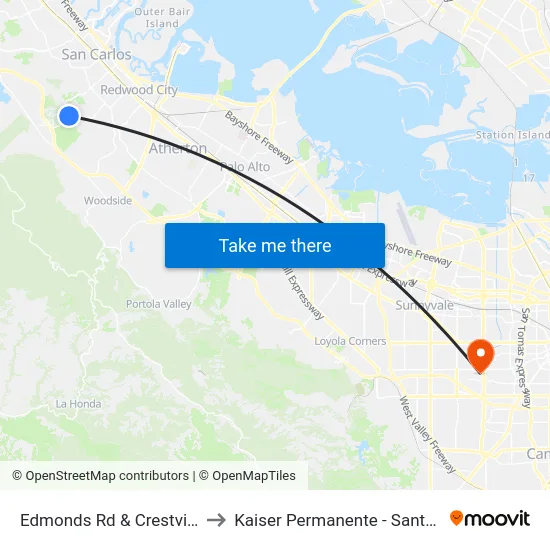 Edmonds Rd & Crestview Dr to Kaiser Permanente - Santa Clara map