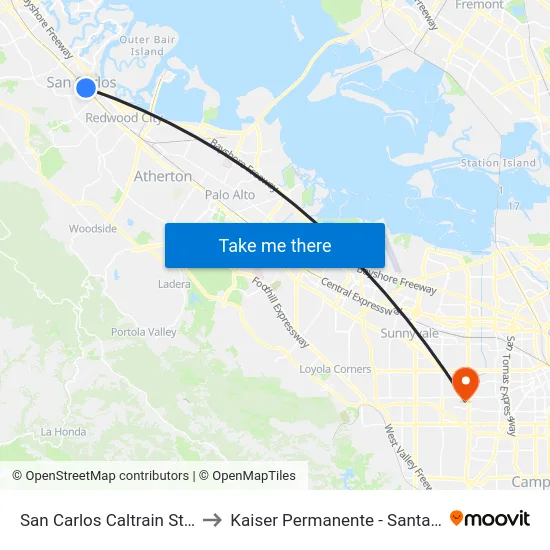 San Carlos Caltrain Station to Kaiser Permanente - Santa Clara map