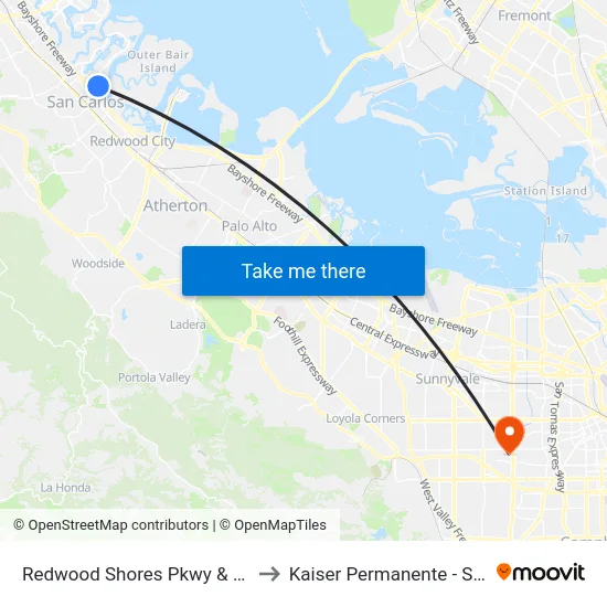 Redwood Shores Pkwy & Airport Way to Kaiser Permanente - Santa Clara map
