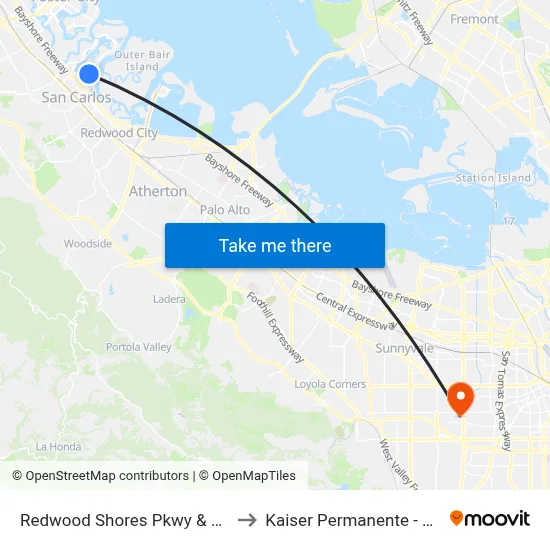 Redwood Shores Pkwy & Market Place to Kaiser Permanente - Santa Clara map