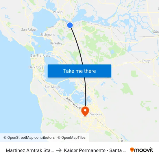 Martinez Amtrak Station to Kaiser Permanente - Santa Clara map