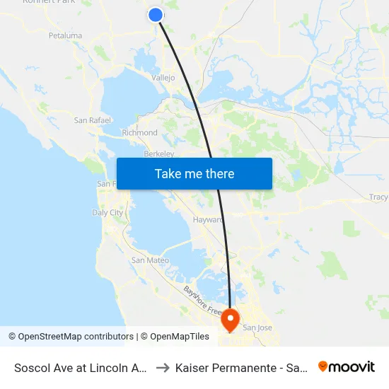 Soscol Ave at Lincoln Ave South to Kaiser Permanente - Santa Clara map