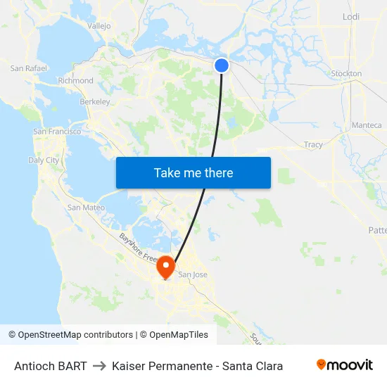 Antioch BART to Kaiser Permanente - Santa Clara map