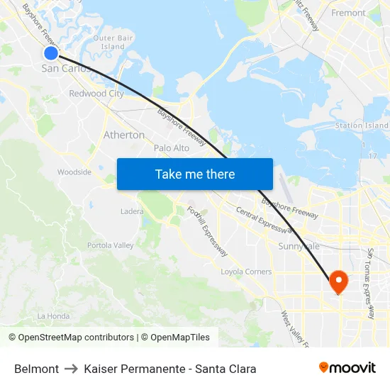 Belmont to Kaiser Permanente - Santa Clara map