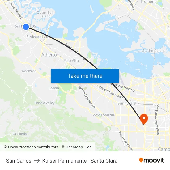 San Carlos to Kaiser Permanente - Santa Clara map