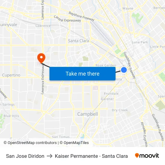 San Jose Diridon to Kaiser Permanente - Santa Clara map