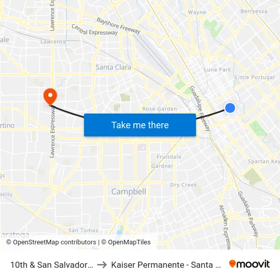 10th & San Salvador (S) to Kaiser Permanente - Santa Clara map