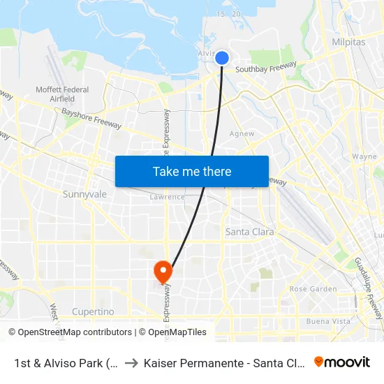 1st & Alviso Park (N) to Kaiser Permanente - Santa Clara map