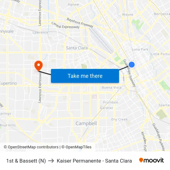1st & Bassett (N) to Kaiser Permanente - Santa Clara map