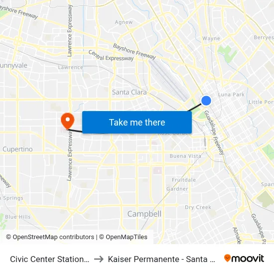 Civic Center Station (S) to Kaiser Permanente - Santa Clara map