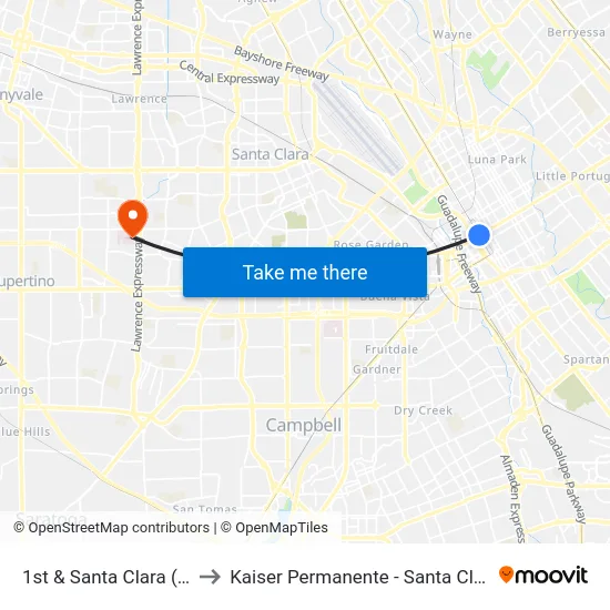 1st & Santa Clara (N) to Kaiser Permanente - Santa Clara map
