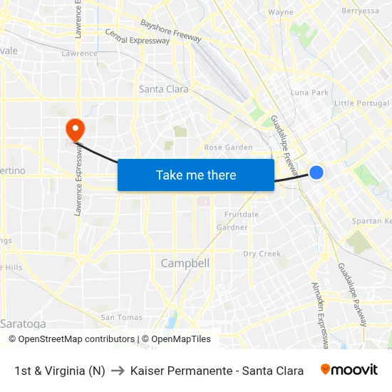 1st & Virginia (N) to Kaiser Permanente - Santa Clara map