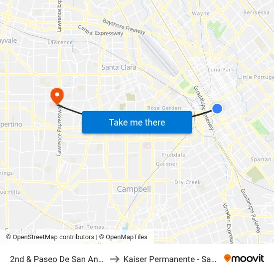 2nd & Paseo De San Antonio (S) to Kaiser Permanente - Santa Clara map