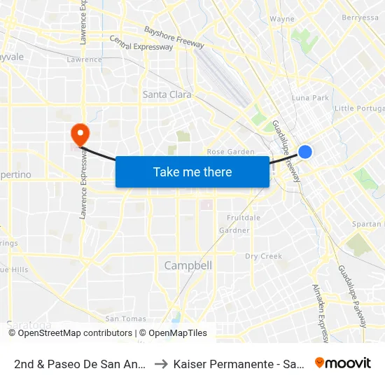2nd & Paseo De San Antonio (S) to Kaiser Permanente - Santa Clara map