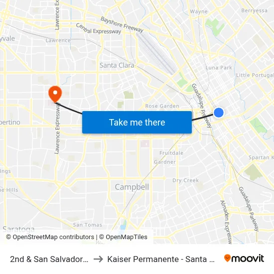 2nd & San Salvador (S) to Kaiser Permanente - Santa Clara map