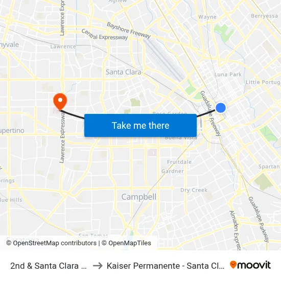 2nd & Santa Clara (S) to Kaiser Permanente - Santa Clara map