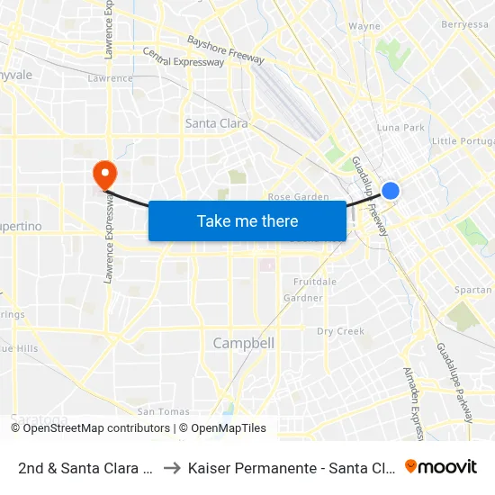 2nd & Santa Clara (S) to Kaiser Permanente - Santa Clara map