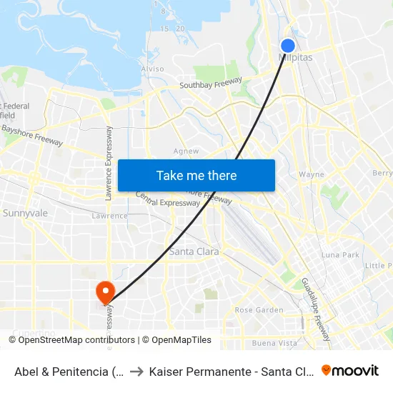 Abel & Penitencia (N) to Kaiser Permanente - Santa Clara map