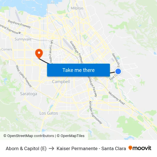 Aborn & Capitol (E) to Kaiser Permanente - Santa Clara map