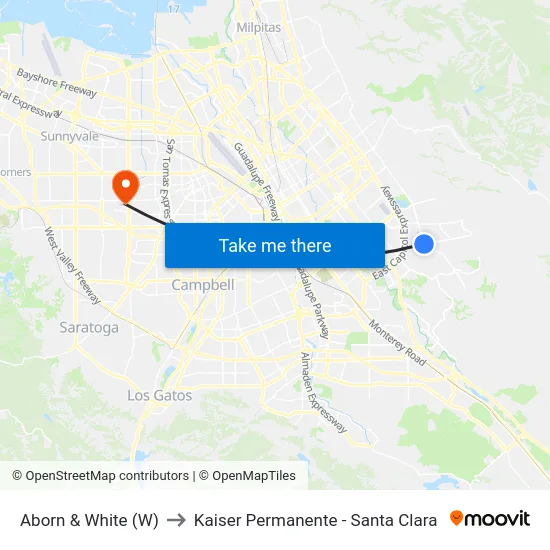 Aborn & White (W) to Kaiser Permanente - Santa Clara map