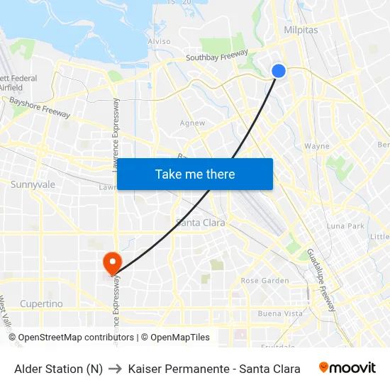 Alder Station (N) to Kaiser Permanente - Santa Clara map