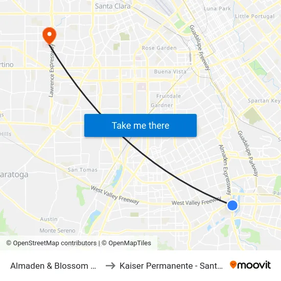 Almaden & Blossom Hill (N) to Kaiser Permanente - Santa Clara map