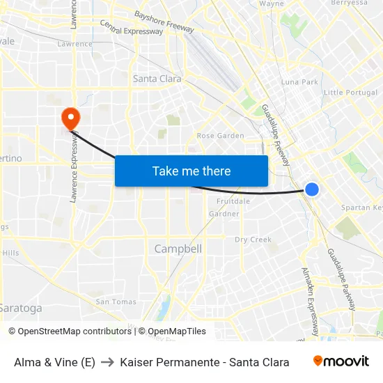 Alma & Vine (E) to Kaiser Permanente - Santa Clara map