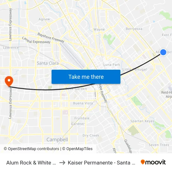 Alum Rock & White (W) to Kaiser Permanente - Santa Clara map