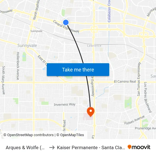 Arques & Wolfe (W) to Kaiser Permanente - Santa Clara map